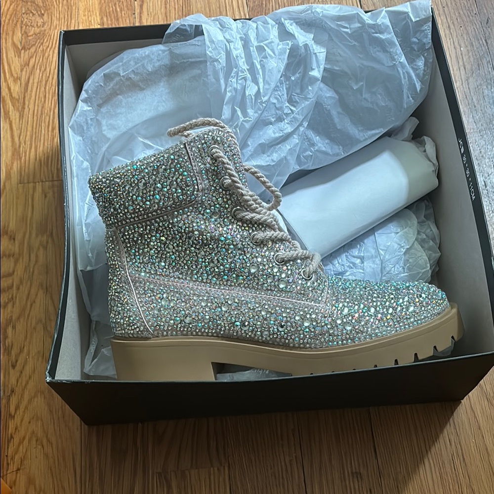 Betsey Johnson Cream Silver Lace Up Boots with Sparkle